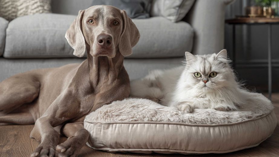 cute cat and dog lying on sofa at home, copy space